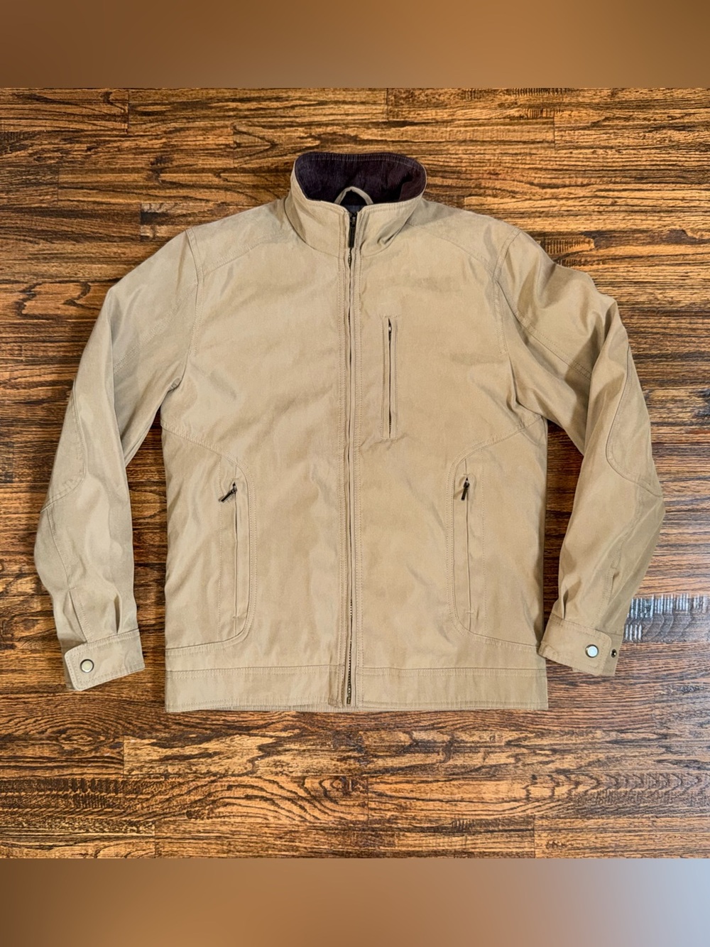 London Fog Nylon Harrington Bomber Zip Jacket Khaki Tan Plaid Lining Size Small